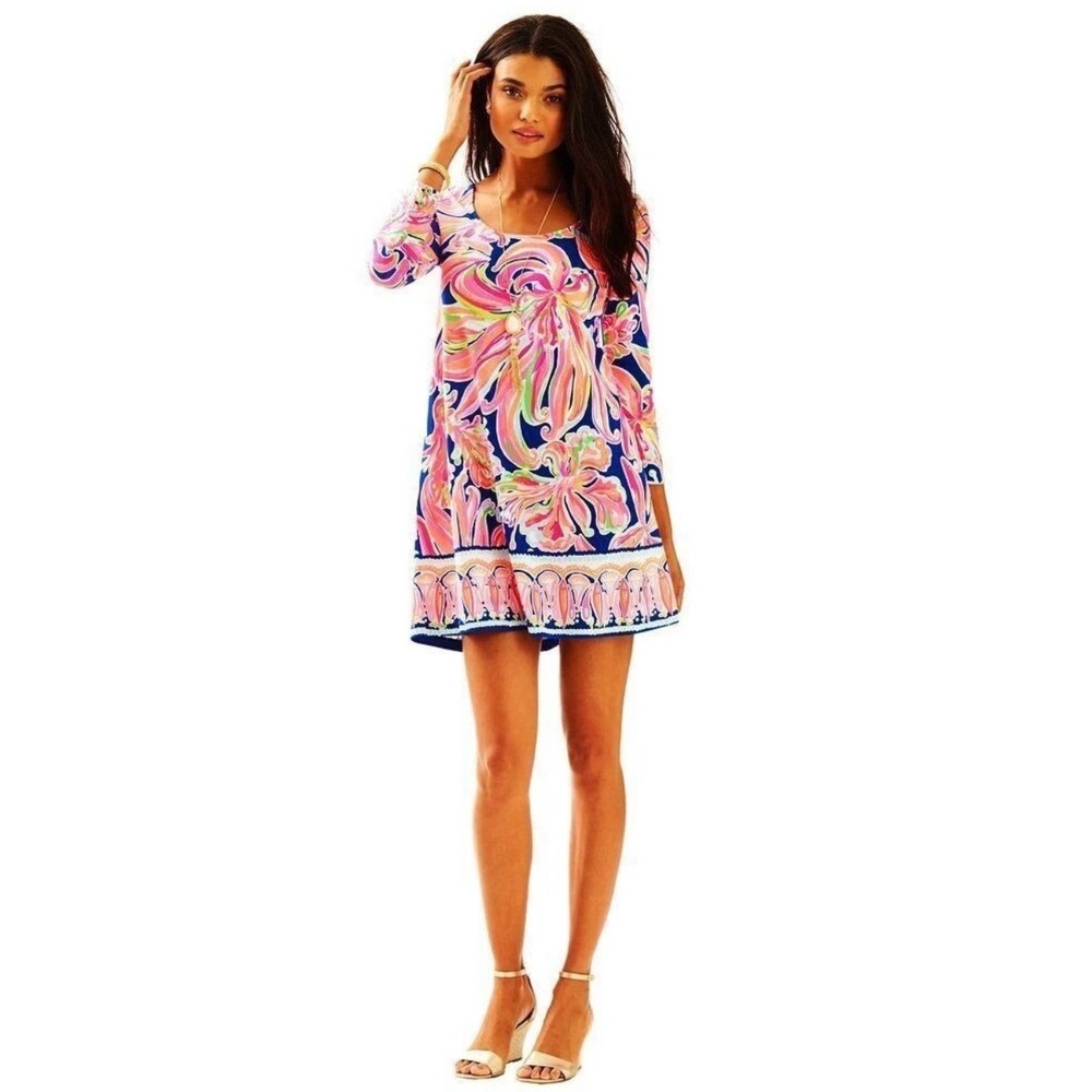 Lilly Pulitzer Emma Dress Resort Navy Size Large Paisley Scoop Back Shift Dress